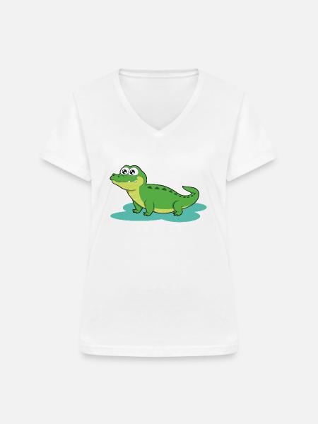 Krokodil - Frauen-T-Shirt mit V-Ausschnitt - Weiß