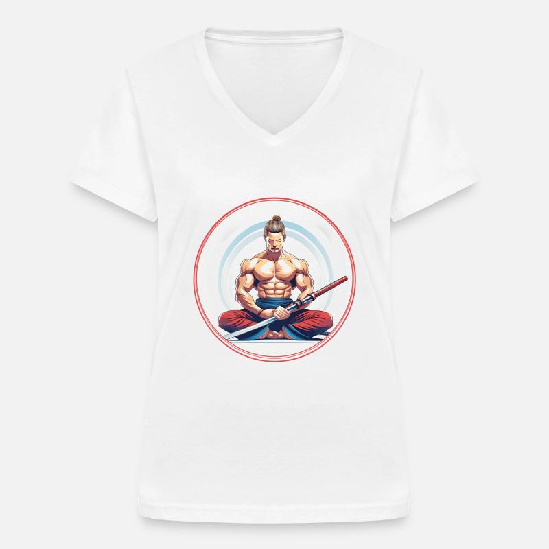 Meditating Samurai with Katana - Women's V-neck T-shirt - white