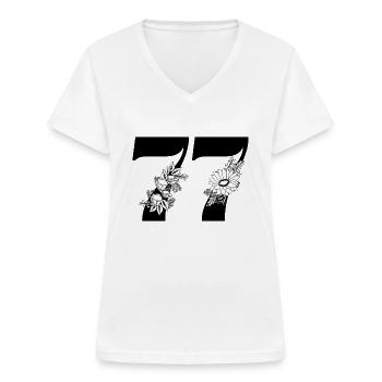 Nummer 77 Schwarze Blumen - 77. Blumengeburtstag - Frauen-T-Shirt mit V-Ausschnitt - Weiß - Vorne - Lela (165cm)