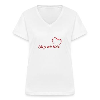Pflege mit HERZ - Frauen-T-Shirt mit V-Ausschnitt - Weiß - Vorne - Lela (165cm)