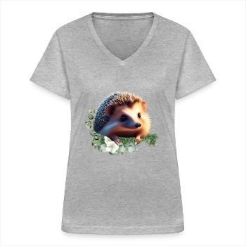 Igelshirt und Accessoires - Igeldesign - Frauen-T-Shirt mit V-Ausschnitt - Grau meliert - Vorne - Lela (165cm)
