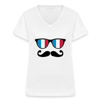 french mustache glasses nerd - like a sir - T-shirt col V Femme - blanc - Devant - Lela (165cm)