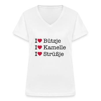 I LOVE Bützje Kamelle Strüßje - Kölner Karneval - Frauen-T-Shirt mit V-Ausschnitt - Weiß - Vorne - Lela (165cm)