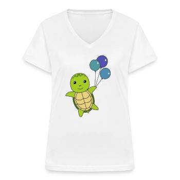 Schildkröte süß Tier fliegt Luftballons Kinder - Frauen-T-Shirt mit V-Ausschnitt - Weiß - Vorne - Lela (165cm)