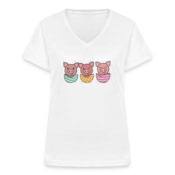 cochons doux à Pâques avec œufs de Pâques porc - T-shirt col V Femme - blanc - Devant - Lela (165cm)