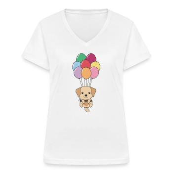 Labrador flies upwards with colorful balloons - Women's V-neck T-shirt - white - Front - Lela (165cm)