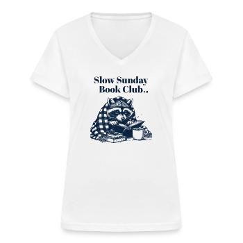 Slow Sunday Book Club - Waschbär mit Buch - Frauen-T-Shirt mit V-Ausschnitt - Weiß - Vorne - Lela (165cm)