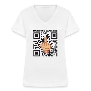Mon pass sanitaire anti vaccin humour covid - T-shirt col V Femme - blanc - Devant - Lela (165cm)