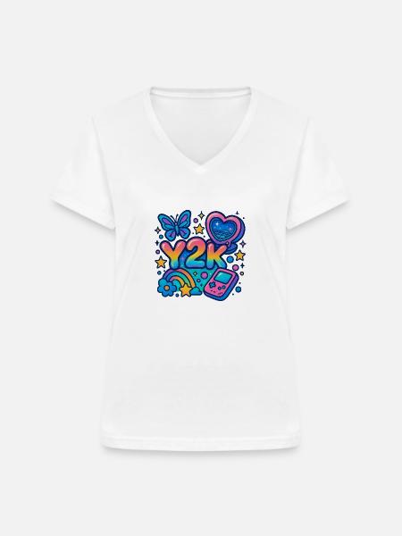 Y2K - Frauen-T-Shirt mit V-Ausschnitt - Weiß