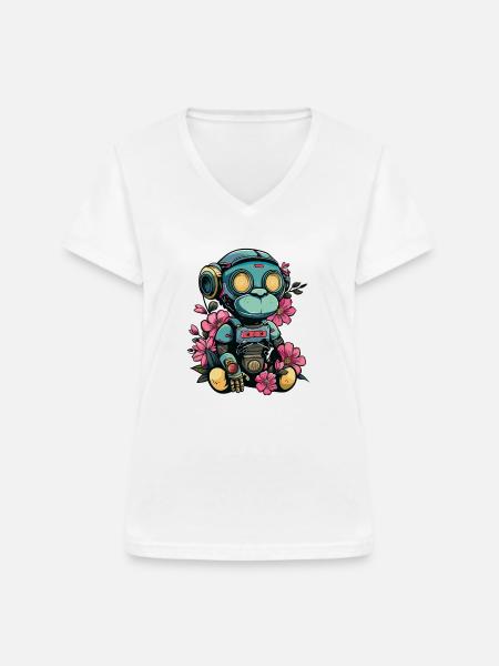 Cyborg Monkey - Frauen-T-Shirt mit V-Ausschnitt - Weiß