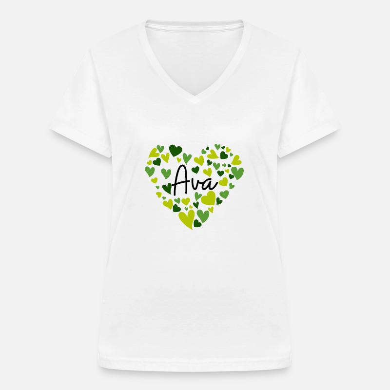 Ava Name Design con cuori verdi a forma di cuore - Maglietta da donna con scollo a V - bianco