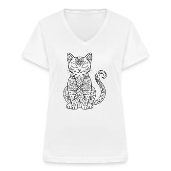 Katze mit Blumen Mandala im Körper zum ausmalen - Frauen-T-Shirt mit V-Ausschnitt - Weiß - Vorne - Lela (165cm)