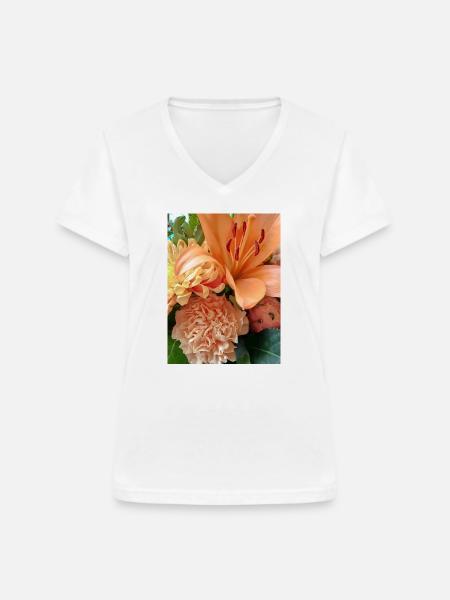 Warmes orangefarbenes Blumenmuster - Frauen-T-Shirt mit V-Ausschnitt - Weiß