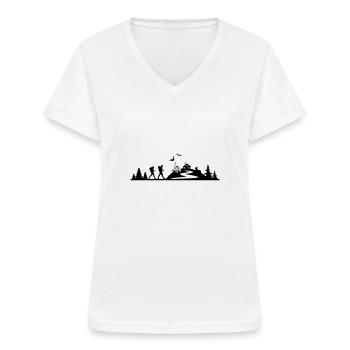 RANDONNEURS MONTAGNE Cabanes forêt - T-shirt col V Femme - blanc - Devant - Lela (165cm)
