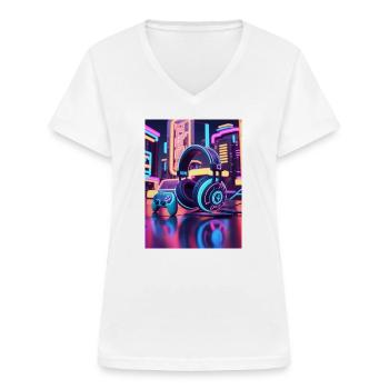 Neon Gaming Headset Design - Frauen-T-Shirt mit V-Ausschnitt - Weiß - Vorne - Lela (165cm)