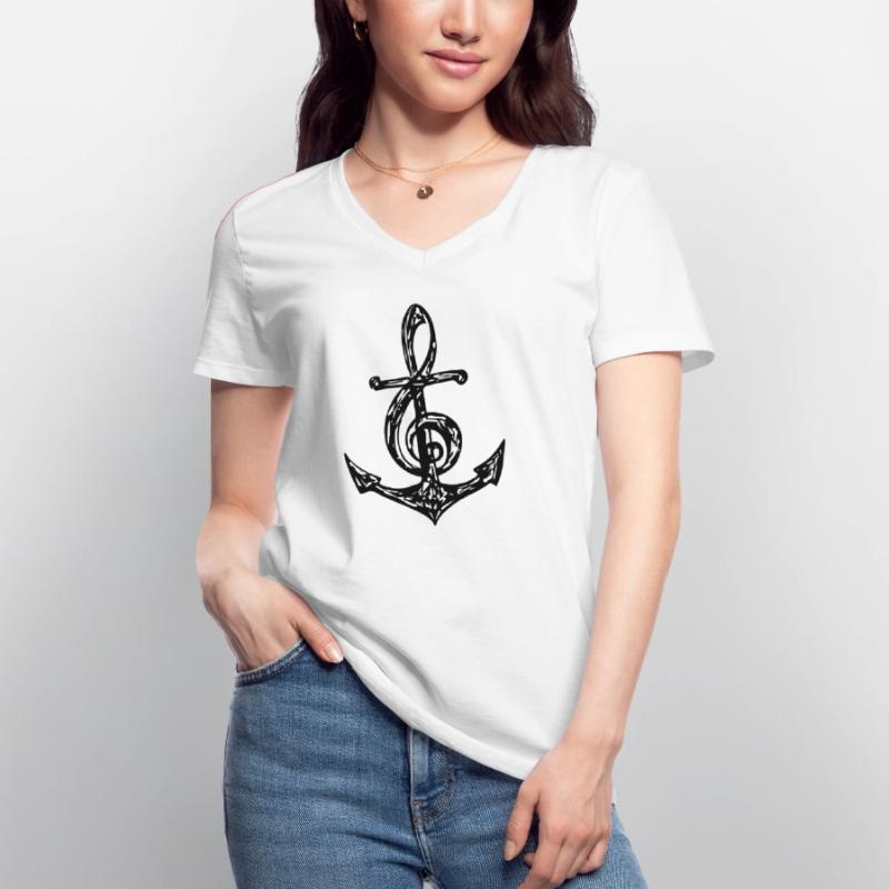 Ancre, musique note, clé de sol, notes, basse, T-shirt col V Femme