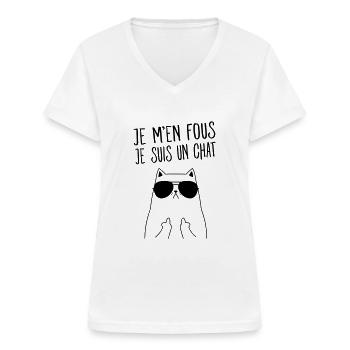 Je M'en Fous - Je Suis Un Chat - Cadeau - T-shirt col V Femme - blanc - Devant - Lela (165cm)