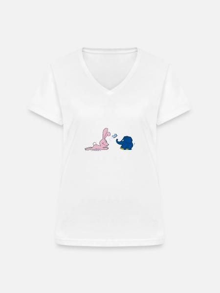 Elefant und Hase mit Schmetterling - Frauen-T-Shirt mit V-Ausschnitt - Weiß