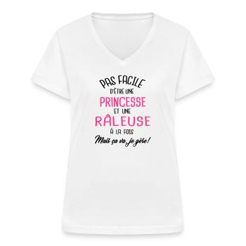 Pas facile d'être princesse et râleuse - T-shirt col V Femme - blanc - Devant - Lela (165cm)