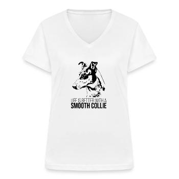 SMOOTH COLLIE life is better Hundespruch Hunde - Frauen-T-Shirt mit V-Ausschnitt - Weiß - Vorne - Lela (165cm)
