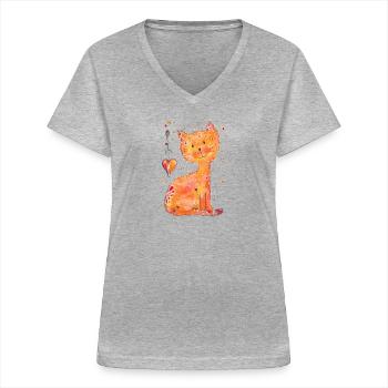 Chat Mia - T-shirt col V Femme - gris chiné - Devant - Lela (165cm)