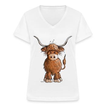 Schottisches Hochlandrind - Frauen-T-Shirt mit V-Ausschnitt - Weiß - Vorne - Lela (165cm)