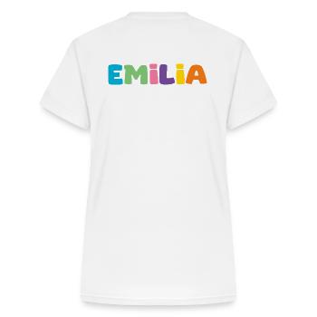 Name - Emilia - Frauen-T-Shirt mit V-Ausschnitt - Weiß - Hinten - Zoe (177cm)
