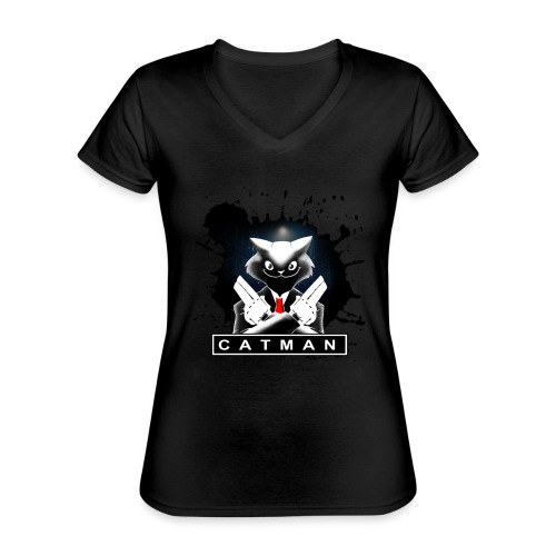 Catman Czerń - Klasyczna koszulka damska z dekoltem w serek
