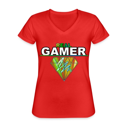 REAL GAMER - Klasyczna koszulka damska z dekoltem w serek