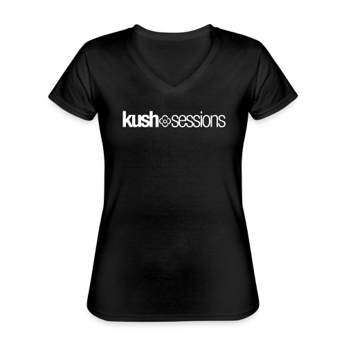 KushSessions (white logo) - Klasyczna koszulka damska z dekoltem w serek
