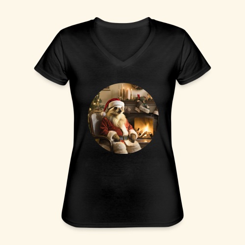 Weihnachtsmannfaultier vor Kamin - Klassisches Frauen-T-Shirt mit V-Ausschnitt