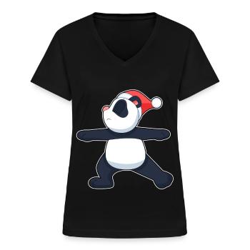 Yoga de Noël Panda - T-shirt col V Femme - noir - Devant - Lela (165cm)
