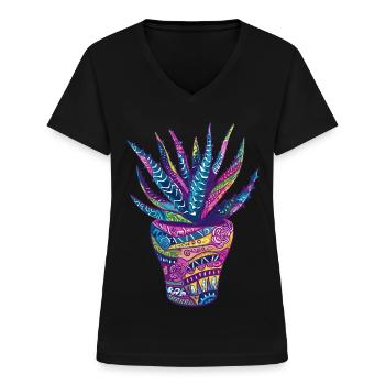 Aloe Vera Psychedelic Succulent Plant Garden - Women's V-neck T-shirt - black - Front - Lela (165cm)