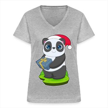 Forfait Noël Panda - T-shirt col V Femme - gris chiné - Devant - Lela (165cm)