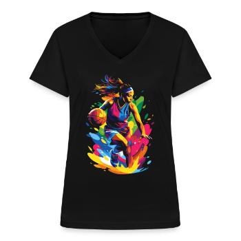 Femme qui fait du basket - T-shirt col V Femme - noir - Devant - Lela (165cm)