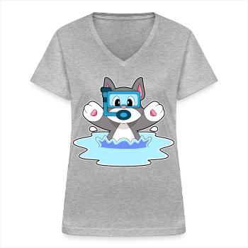 Katze Taucher Schnorchel Tauchen - Frauen-T-Shirt mit V-Ausschnitt - Grau meliert - Vorne - Lela (165cm)