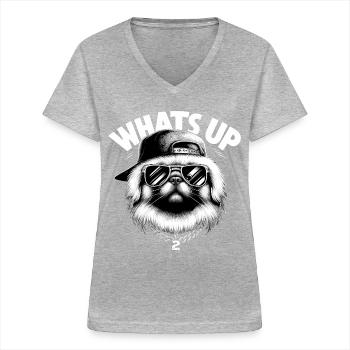 Pekingese Was geht ab Löwenhund Hund Geschenk - Frauen-T-Shirt mit V-Ausschnitt - Grau meliert - Vorne - Lela (165cm)