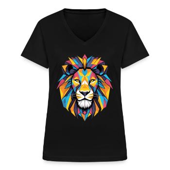 Löwe Löwenkopf geometrisch Geometrie bunt Geschenk - Frauen-T-Shirt mit V-Ausschnitt - Schwarz - Vorne - Lela (165cm)