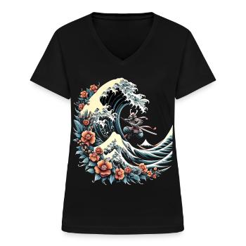 große Welle vor Kanagawa mit Samurai Krieger - Frauen-T-Shirt mit V-Ausschnitt - Schwarz - Vorne - Lela (165cm)