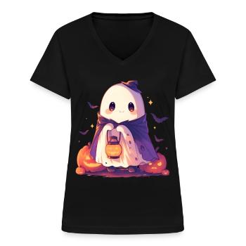 halloween spöke spöke pumpa lykta gåva - T-shirt med V-ringning dam - svart - Fram - Lela (165cm)