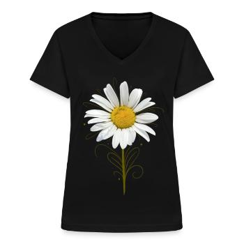 Marguerite – Motif floral mixte pour le printemps - T-shirt col V Femme - noir - Devant - Lela (165cm)
