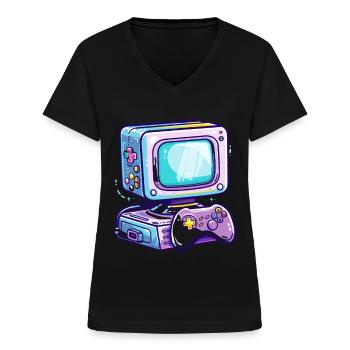 Gaming PC Style de bande dessinée - T-shirt col V Femme - noir - Devant - Lela (165cm)
