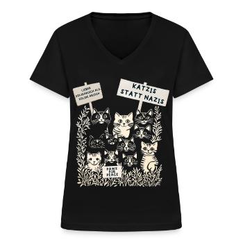 Demo Katzen gegen rechts  - Frauen-T-Shirt mit V-Ausschnitt - Schwarz - Vorne - Lela (165cm)