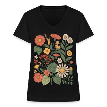 Blumen Vintage Wildblumen Nature - Frauen-T-Shirt mit V-Ausschnitt - Schwarz - Vorne - Lela (165cm)