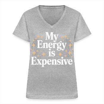 Mon énergie est chère - T-shirt col V Femme - gris chiné - Devant - Lela (165cm)