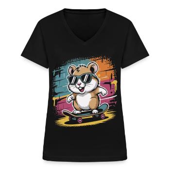 Bunter Skate-Hamster mit Sonnenbrille - Frauen-T-Shirt mit V-Ausschnitt - Schwarz - Vorne - Lela (165cm)