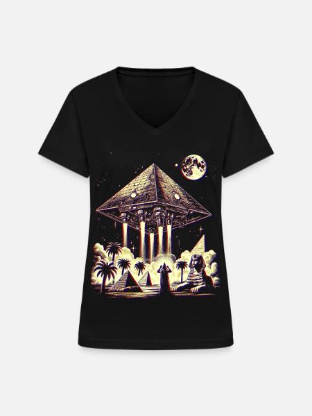 Antikes Pyramiden-UFO-Mystery-Design-Hemd - Frauen-T-Shirt mit V-Ausschnitt - Schwarz