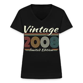 Vintage 2008 Retro Fødselsdagsgave - T-shirt med V-hals til damer - sort - Foran - Lela (165cm)