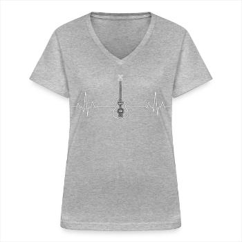 Guitare Cœur Ligne ECG Musique Rock - T-shirt col V Femme - gris chiné - Devant - Lela (165cm)