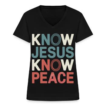 Connais Jésus, connais la paix - T-shirt col V Femme - noir - Devant - Lela (165cm)